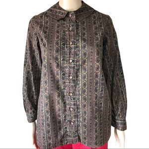 Vintage 70s handcrafted muted paisley Peter Pan collar blouse modern size Medium